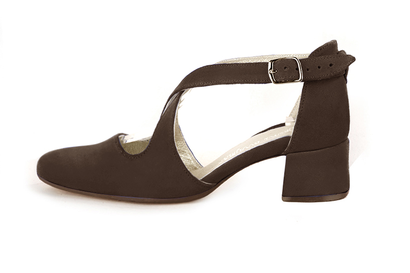 Women's dark brown elegant closed-back heels, with crossed straps. .  - Profile view